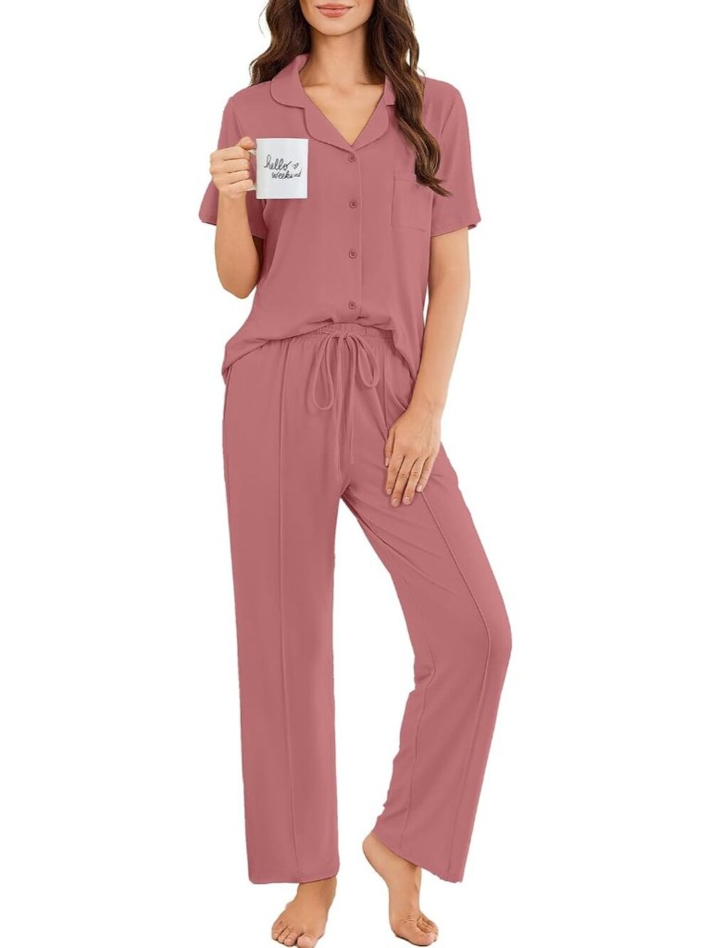 Women Old Rose Button Up Short Sleeve Shirt Sleepwear Pajamas Set